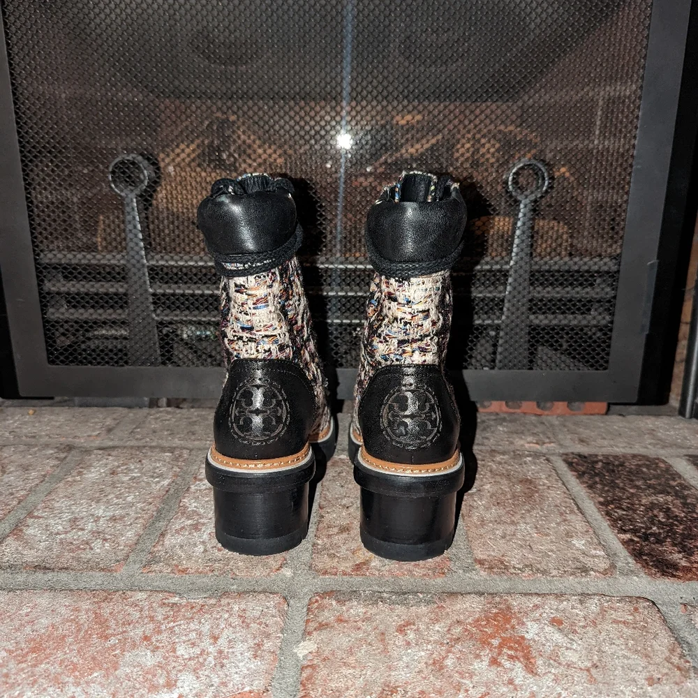 Tory Burch Miller Lug Sole Leather and Tweed size Lace Up Boot 9